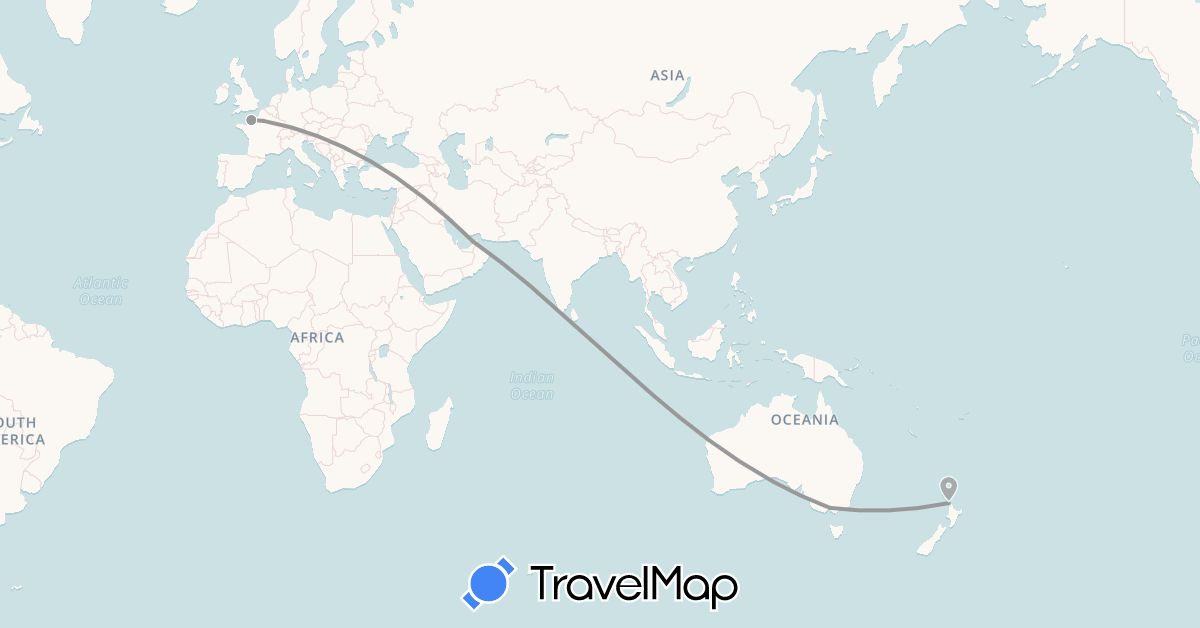 TravelMap itinerary: driving, plane in United Arab Emirates, Australia, France, New Zealand (Asia, Europe, Oceania)